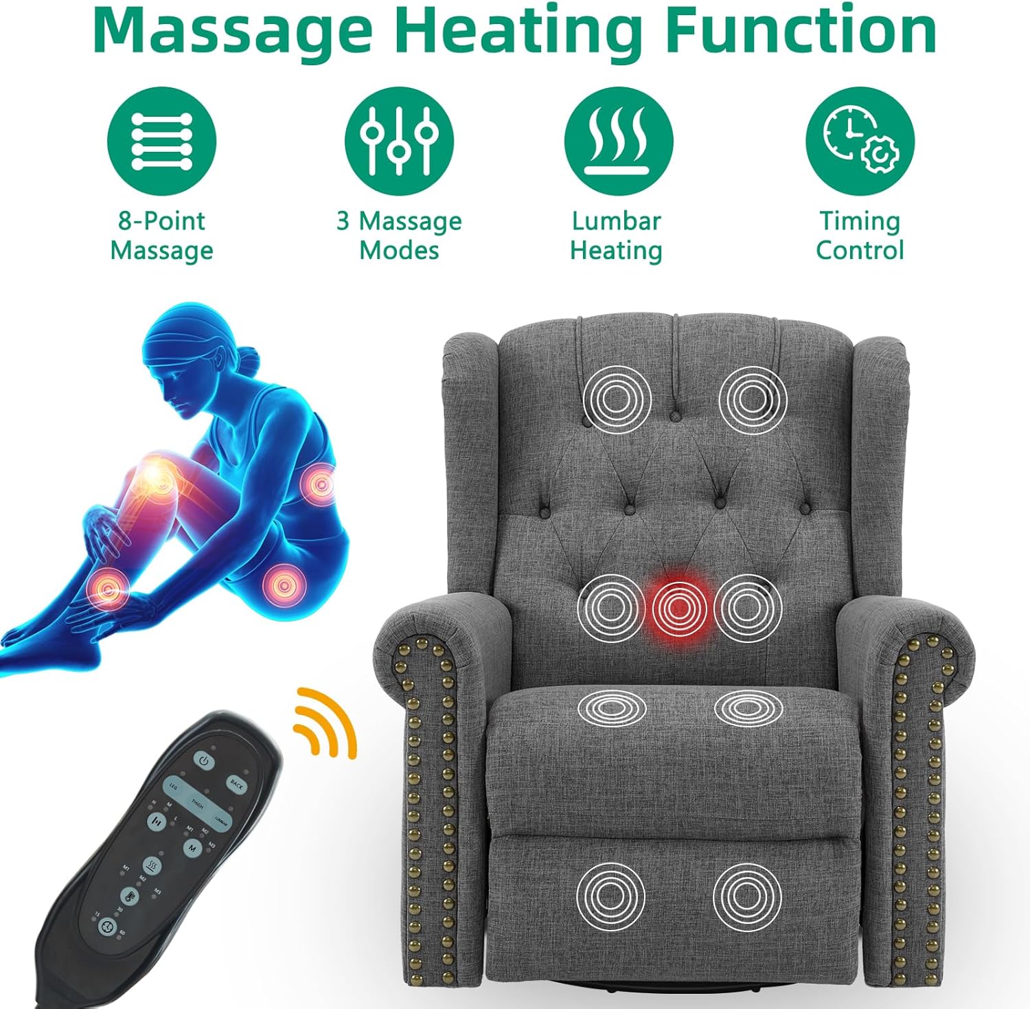 VIVIJASON Power Swivel Rocking Recliner Chair with Massage & Heat, Electric Rocker Glider Chair for Nursery, Wingback Tufted Upholstered Recliner W/Type-C & USB Ports for Living Room, Bedroom, Grey
