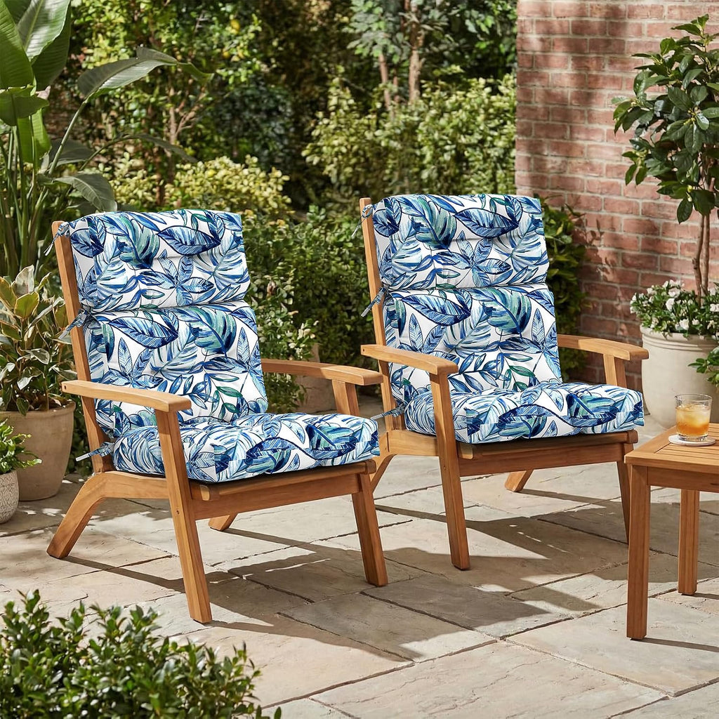 Outdoor High Back Patio Chair Cushions, Tufted Rocking Chair Cushions, Adirondack Cushions for Garden Porch Home Office Chairs Use, 44' x 22' x 4', 2 Pack, Leaves Ink Blue