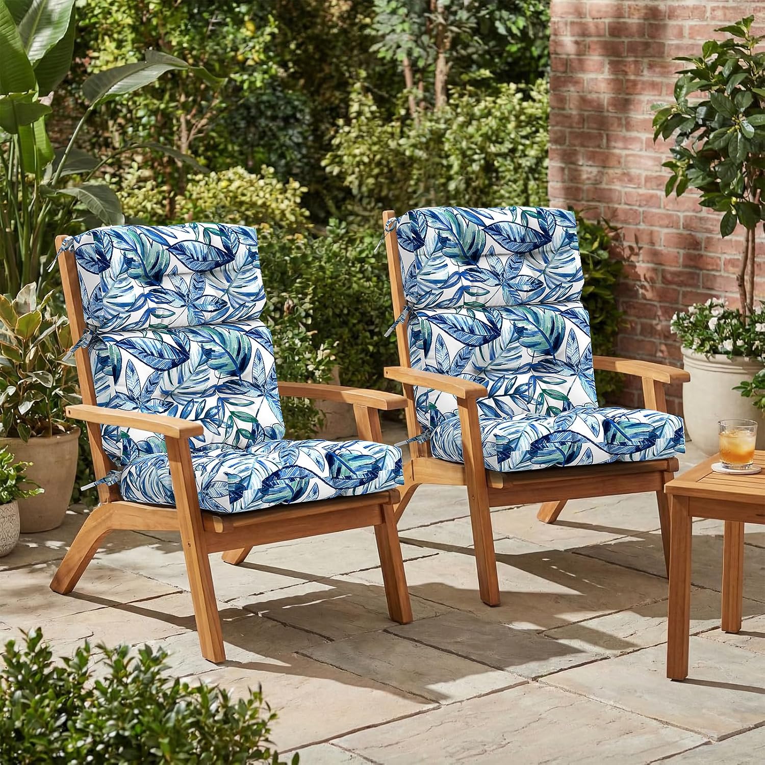 Outdoor High Back Patio Chair Cushions, Tufted Rocking Chair Cushions, Adirondack Cushions for Garden Porch Home Office Chairs Use, 44' x 22' x 4', 2 Pack, Leaves Ink Blue