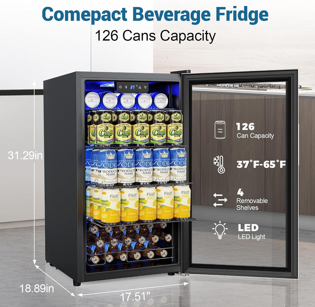 Velivi Mini Beverage Refrigerator 3.2 Cu. Ft Small Fridge 126 Can Lockable Drink Cooler with Glass Door, Safety Lock, For Beer Soda, Silver