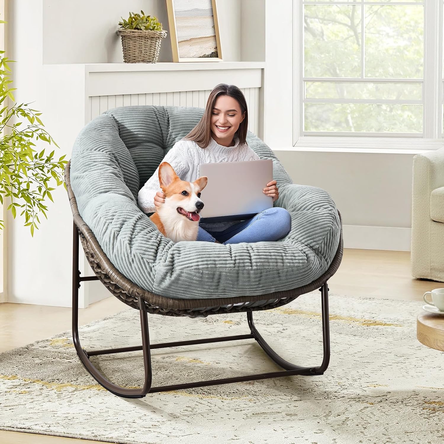 Outdoor Indoor Rocking Chair with Padded Cushion, Oversized Patio Papasan Rocking Egg Chair, All Weather Wicker Egg Rocking Chair, Comfy Large Rattan Rocker Lounge Chair for Front Porch,Garden, Patio