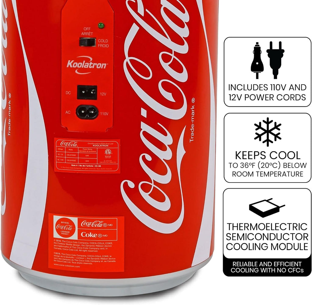 Coca-Cola 8 Can Portable Mini Fridge, 5.4L (5.7 qt) Compact Personal Travel Fridge for Snacks Lunch Drinks Cosmetics, Includes 12V and AC Cords, Cute Desk Accessory for Home Office Dorm Travel, Red