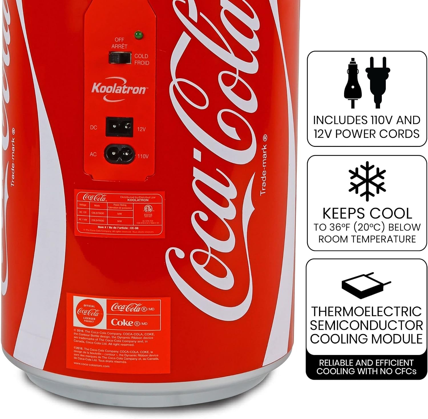 Coca-Cola 8 Can Portable Mini Fridge, 5.4L (5.7 qt) Compact Personal Travel Fridge for Snacks Lunch Drinks Cosmetics, Includes 12V and AC Cords, Cute Desk Accessory for Home Office Dorm Travel, Red