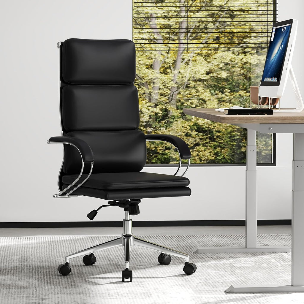 COSTWAY Ergonomic Leather Office Chair, High Back Executive Computer Chair w/Adjustable Height & Rocking Function, Adjustable Lumbar Support, Cushioned Seat, Padded Armrests for Home Office
