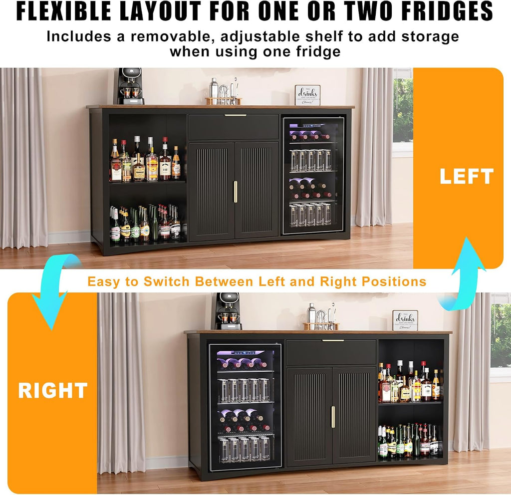 GDLF 70.1' Long Coffee Bar Cabinet with Fridge Space, Modern Wine Liquor Cabinet with Storage & Power Outlet, Buffet Sideboard with Fluted Doors for Home, Black