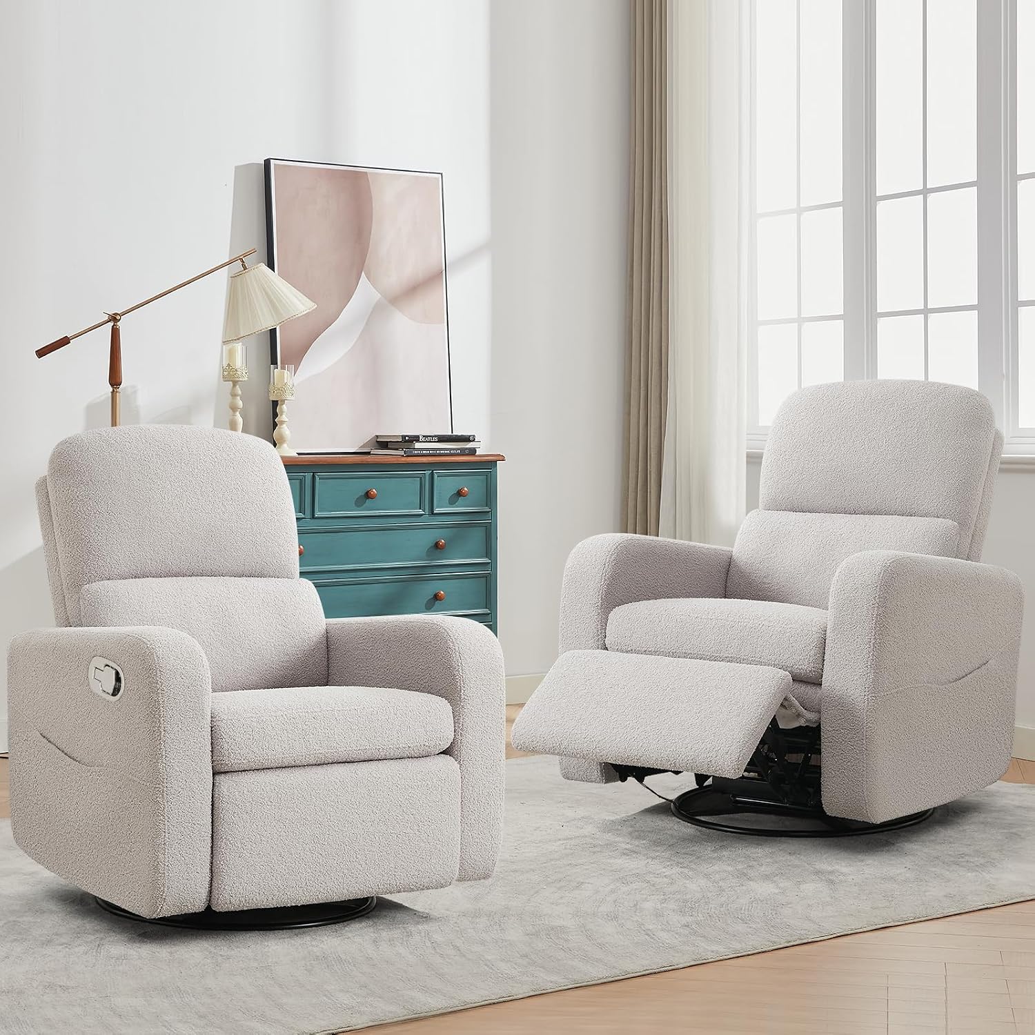 Swivel Rocker Recliner, Oversized Teddy Manual Nursery Glider Rocking Recliner with Removable Cushion, Upholstered Boucle Swivel Reclining Chair for Nursery Living Room Bedroom, Teddy Gray