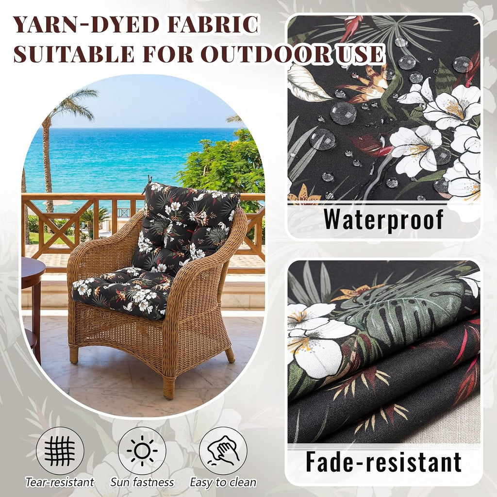 Marsui 4 Pcs Outdoor Indoor High Back Chair Cushions Patio Furniture Tufted Pillow with Ties Water-Resistant Replacement Outdoor Rocking Chair Cushions, 42 x 21 Inches (Black,Plants)