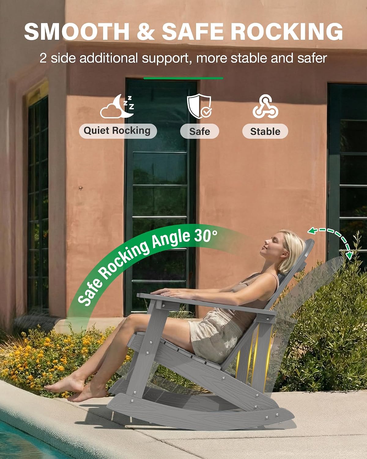 YEFU Outdoor Rocking Chair,Adirondack Rocking Chair,Patio Rocker Chair with Wide Back,Oversized Rocker Chair Look Like Real Wood, for Lawn, Porch, Backyard, Indoor and Garden(Grey)