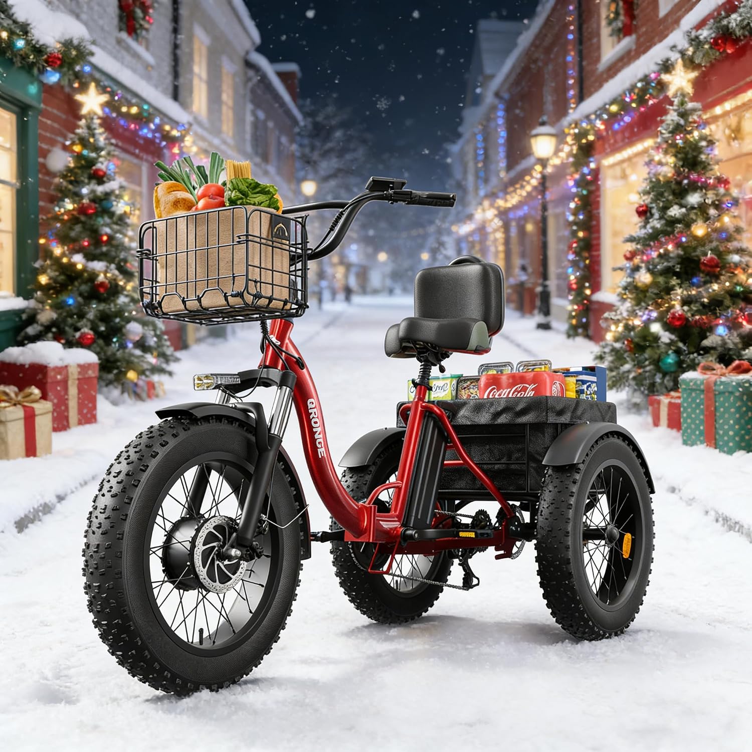 QRONGE Electric Tricycle for Adults 960W Peak, 36V 15AH Battery Ebike 50 Miles Range with Large Rear Basket, Electric Trike 20'*4' Fat Tire, Max 20MPH 3 Wheel Folding Electric Trike for Adults(Lava)