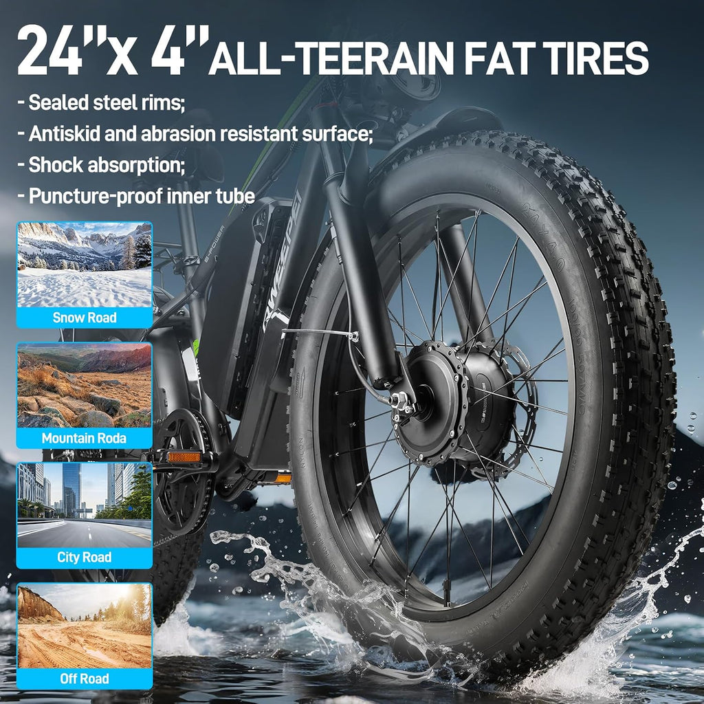 58V Max-Output Dual Motor Ebike, Peak 9000W for Adults 36AH Battery 47MPH 105 Miles Range 24 Inch Fat Tire Electric Bike LCD Display for Man Women