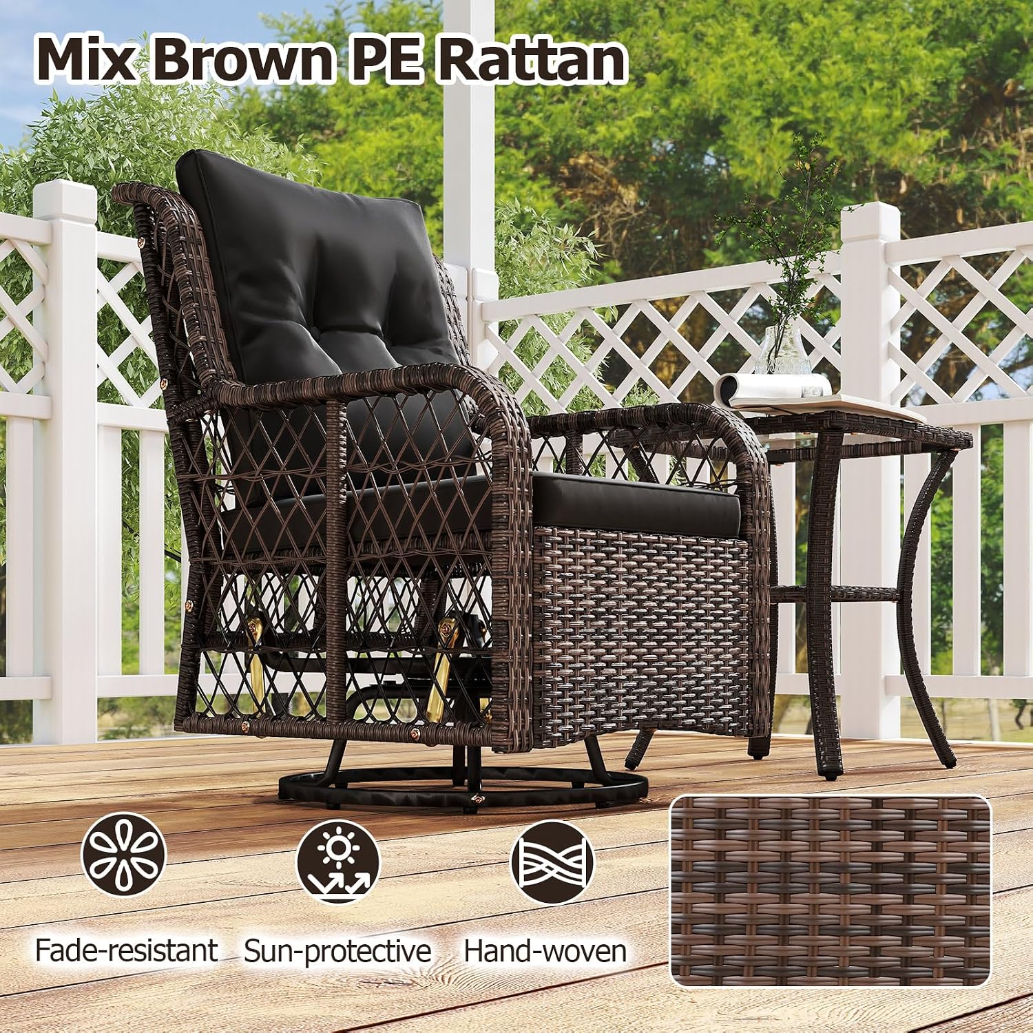 Tangkula 3 Pieces Outdoor Swivel Rocker Set, Rattan Wicker Patio Rocking Cushioned Chairs Set of 2 with Small Side Table, for Backyard, Poolside, Balcony, Lawn, Deck