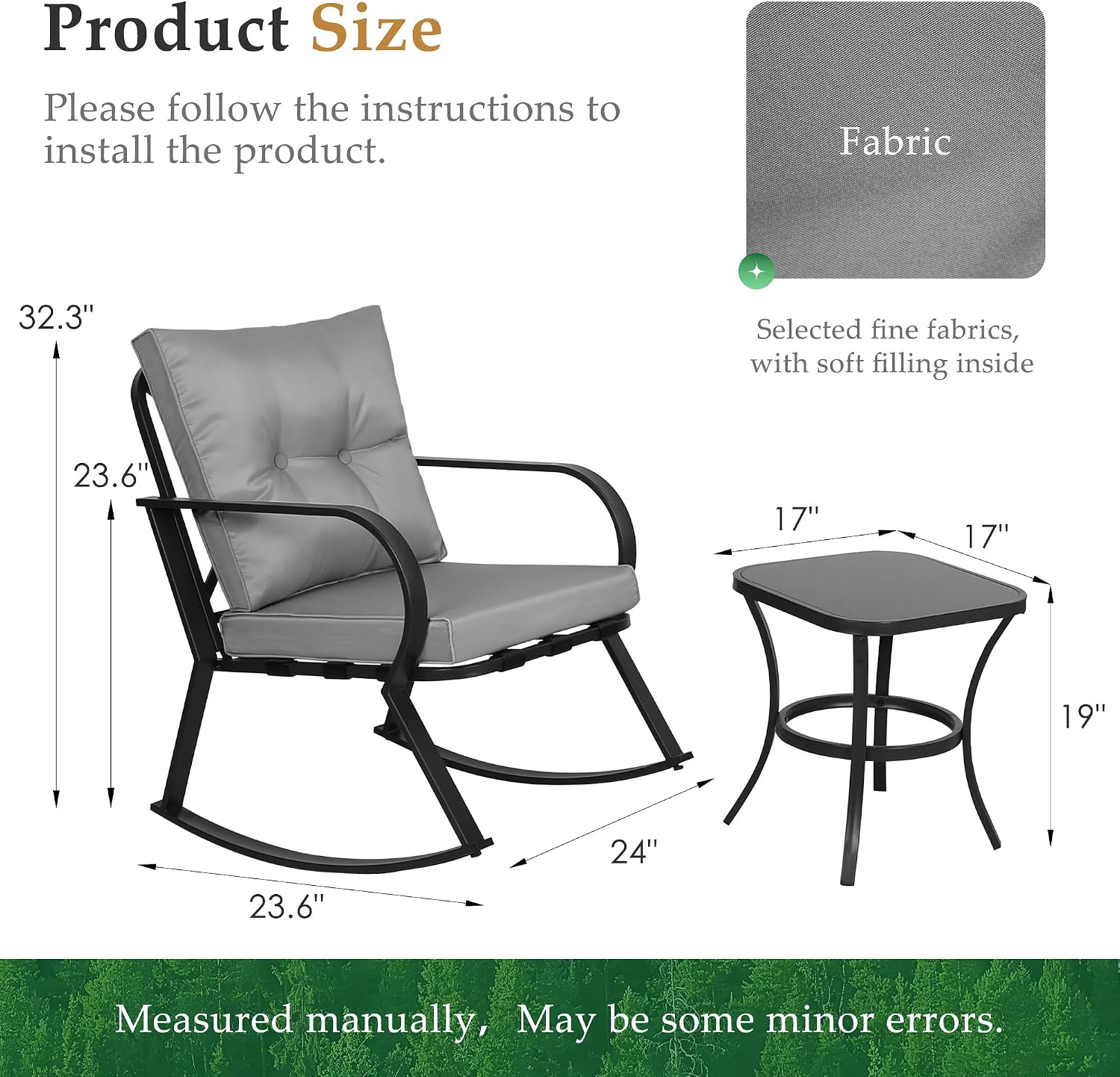 Oakcloud Oakmont Outdoor Furniture 3 Piece Conversation Bistro Set Rocking Chairs and Glass Top Table, Thick Cushions, Black Steel (Grey)