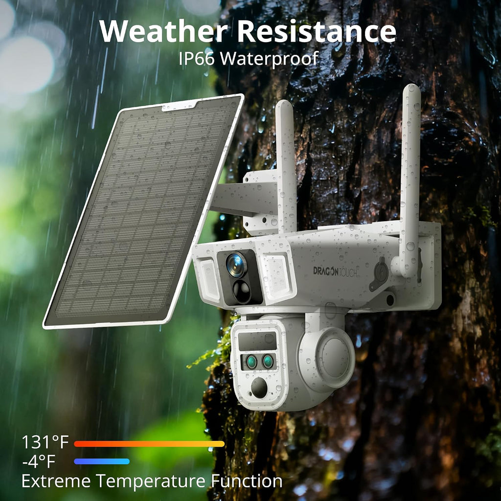 Dragon Touch 4G Cellular Security Camera 4K, Wireless Solar Outdoor Camera Triple Lens Bullet-PTZ Cam, 4G or WiFi, 10x Optical Zoom, 360° View, AI Tracking, with SIM Card, Local Storage