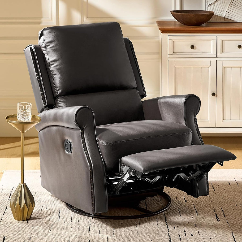 HULALA HOME Faux Leather Swivel Rocker Recliners Set of 2 with Adjustable Backrest and Footrest, Push Back Recliner Chairs with Nailhead Trim, Swivel Glider Rocking Chairs for Living Room, Brown