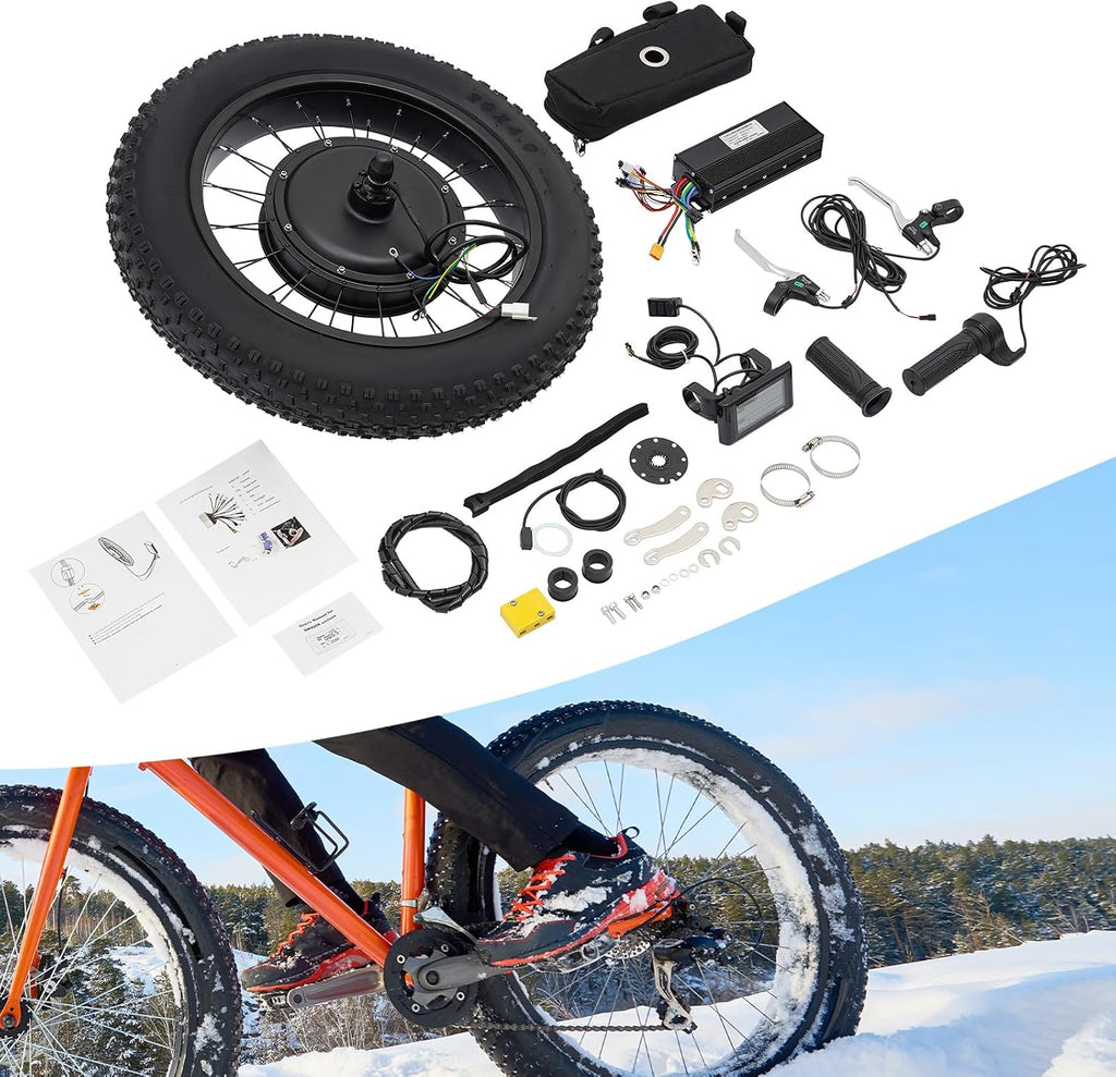 20' 48V 1500W E-Bike Rear Wheel Conversion Kit, Snow Bike Electric Bicycle Fat Snow Tire Motor Kit Brushless Gearless Rear Wheel Hub Motor w/ LCD Display for Mountain Bikes, Variable-Speed Bikes