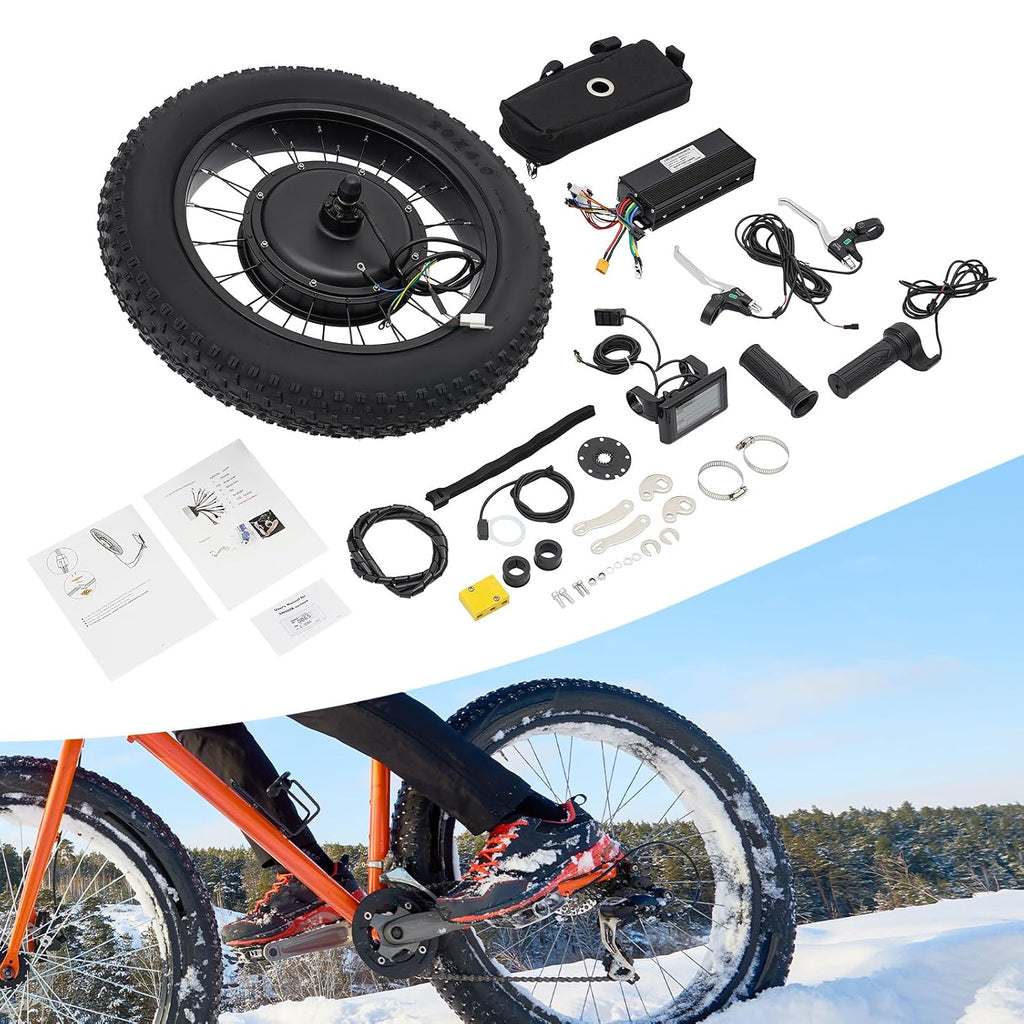 48V 1500W Electric Bicycle Conversion Kit, 20' Ebike Rear Hub Motor Wheel Kit with PAS Sensor and LCD Display Snow Bike Electric Bicycle Fat Snow Tire Motor Kits Brushless Gearless Hub Motor