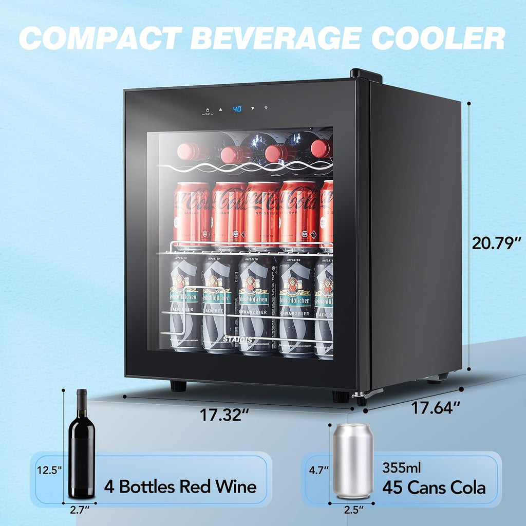Beverage Refrigerator, 1.6 Cu.ft Mini Fridge w/ 120 Can Capacity, Small Cooler for Home - Freestanding, Glass Door Black