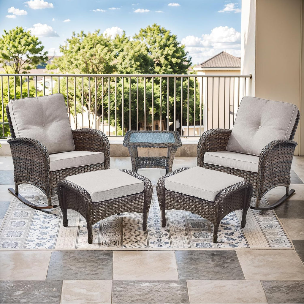 Patio Rocking Chair - 5 Peices Outdoor Wicker Rocker Porch Chair Set with Tempered Glass Side Table, and 2 Ottoman, Rattan Seating for Balcony Garden Brown/Beige