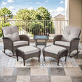 Patio Rocking Chair - 5 Peices Outdoor Wicker Rocker Porch Chair Set with Tempered Glass Side Table, and 2 Ottoman, Rattan Seating for Balcony Garden Brown/Beige