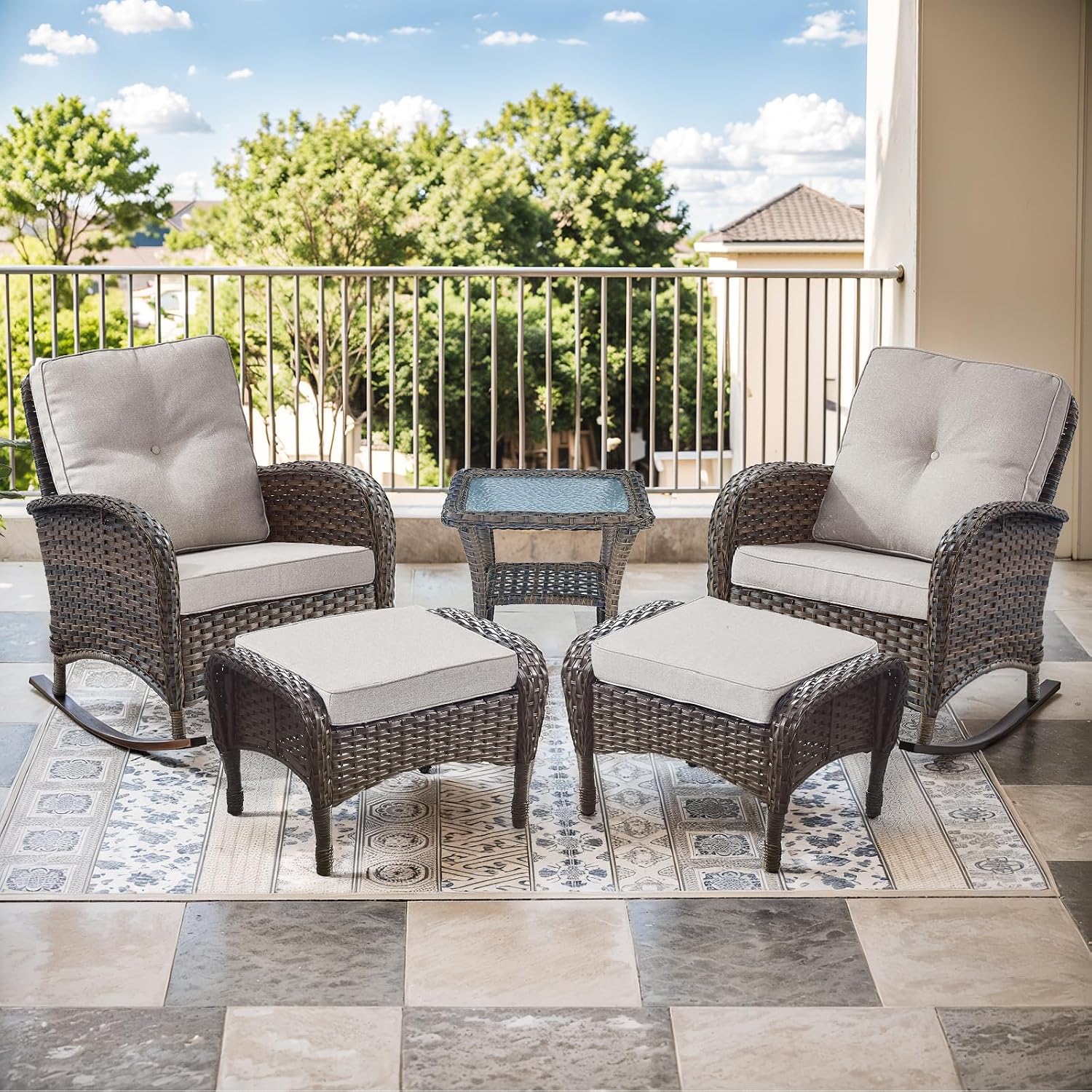 Patio Rocking Chair - 5 Peices Outdoor Wicker Rocker Porch Chair Set with Tempered Glass Side Table, and 2 Ottoman, Rattan Seating for Balcony Garden Brown/Beige