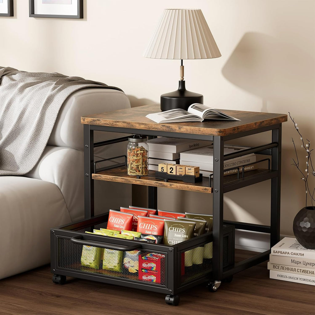DDJ Mini Fridge Stand with Storage, 21 x 21 in Heavy Duty Mini Fridge Table with Pull-out Shelf and Lockable Wheels, Compact Refrigerator Stand with Drawer Basket for Home Office, Rustic Brown
