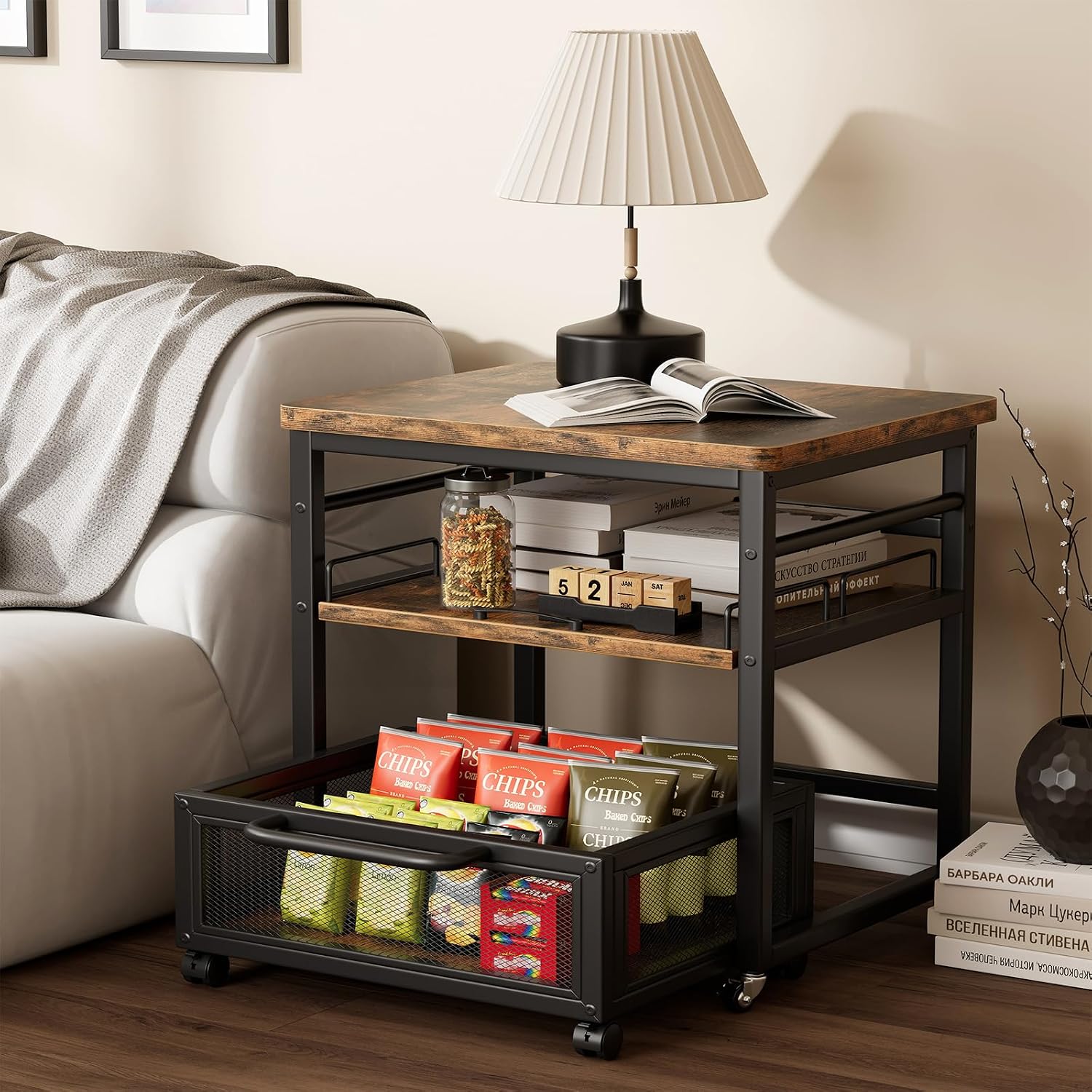 DDJ Mini Fridge Stand with Storage, 21 x 21 in Heavy Duty Mini Fridge Table with Pull-out Shelf and Lockable Wheels, Compact Refrigerator Stand with Drawer Basket for Home Office, Rustic Brown