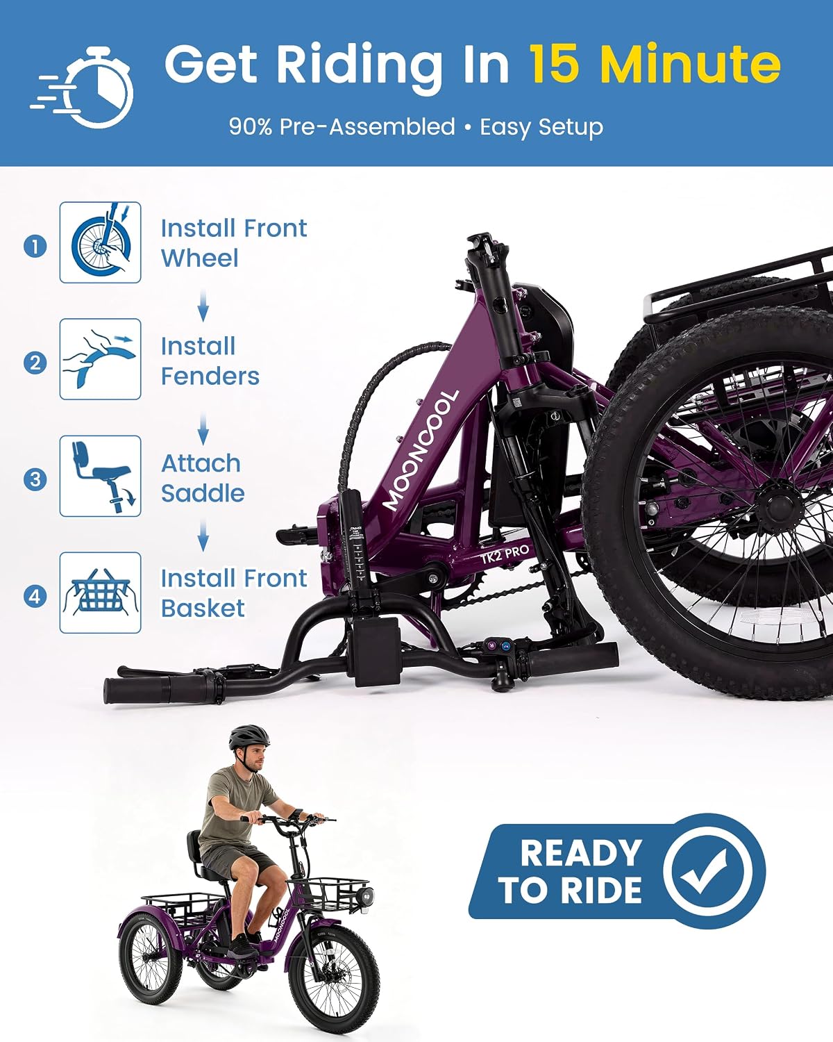 MOONCOOL Electric Trike for Adults, 500W/750W 48V Electric Tricycle for Adults, 20'x3.0' Fat Tire 3 Wheel Electric Bike, Folding Aluminum Adult Tricycle with Removable Battery