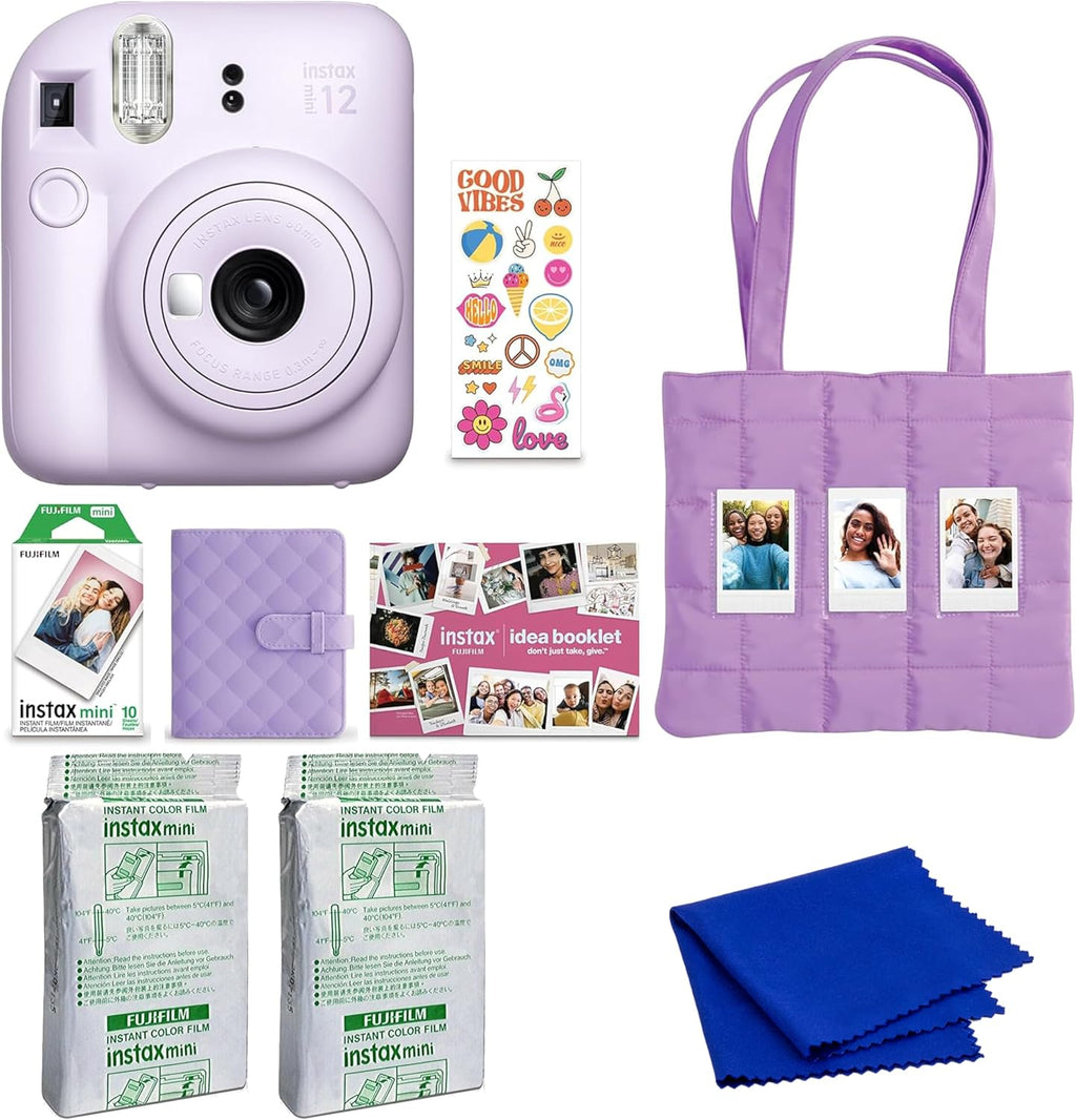 FUJIFILM instax mini 12 Instant Film Camera Holiday Bundle (Lilac Purple) with 2 x Instax Mini Instant Film - Foil Pack and Microfiber Cloth