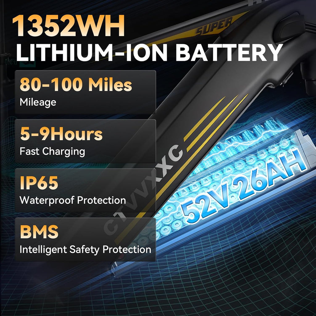 8000W Peak 45-50MPH 52V 26Ah 1352Wh Battery Dual Motor Bike for Adults, 95-105 Miles Long Range with Hydraulic Disc Brake,26'x4.0' Fat Tire Electric Mountain E Bike 7-Speed Gear Lockable Suspension