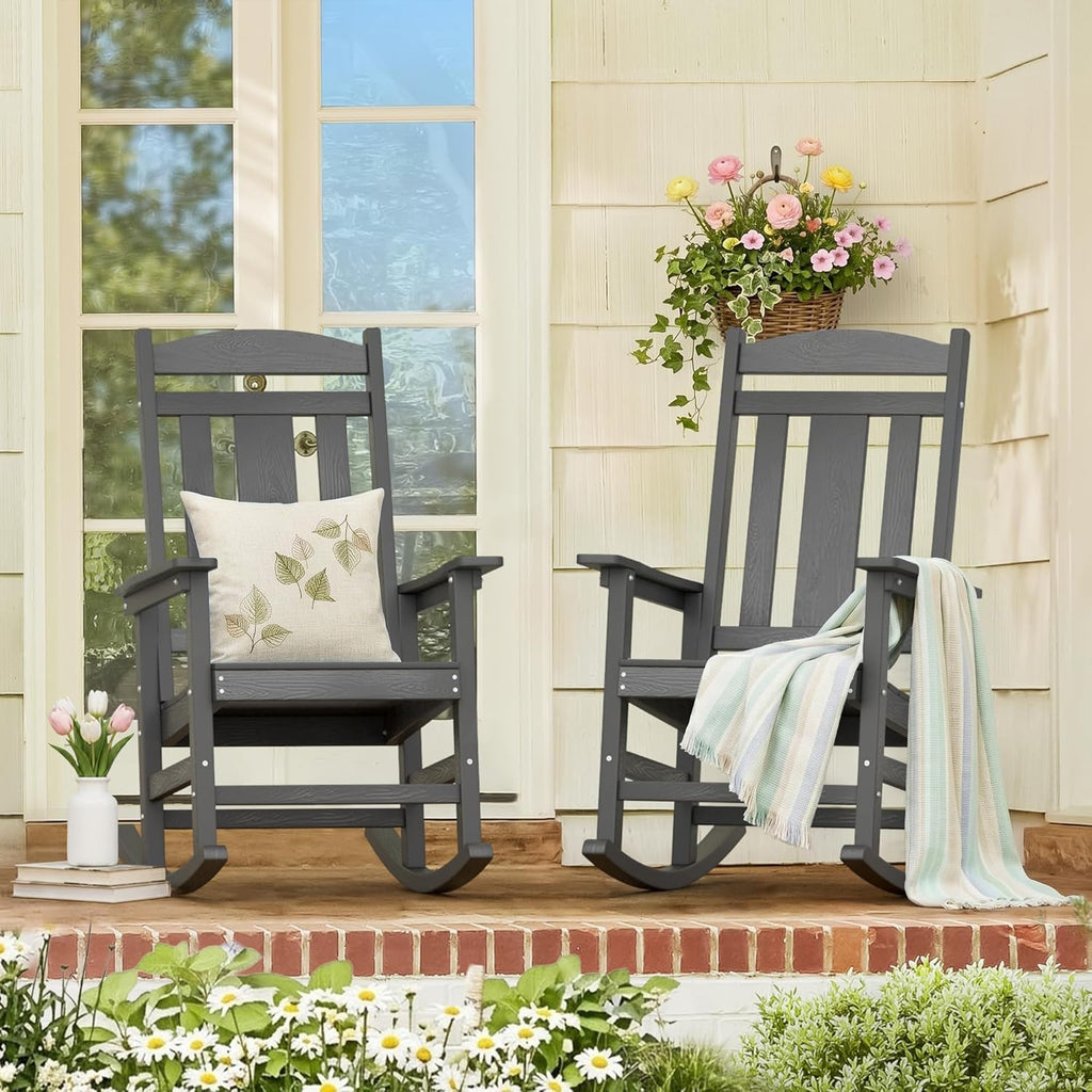 LUE BONA Outdoor Rocking Chairs Set of 2, Weather Resistant HDPS Poly Rocker Chairs, 350lb Heavy Duty, Oversized Porch Rocker for Adult, High Back Smooth Rocking Chairs for Outdoor & Indoor, Gray