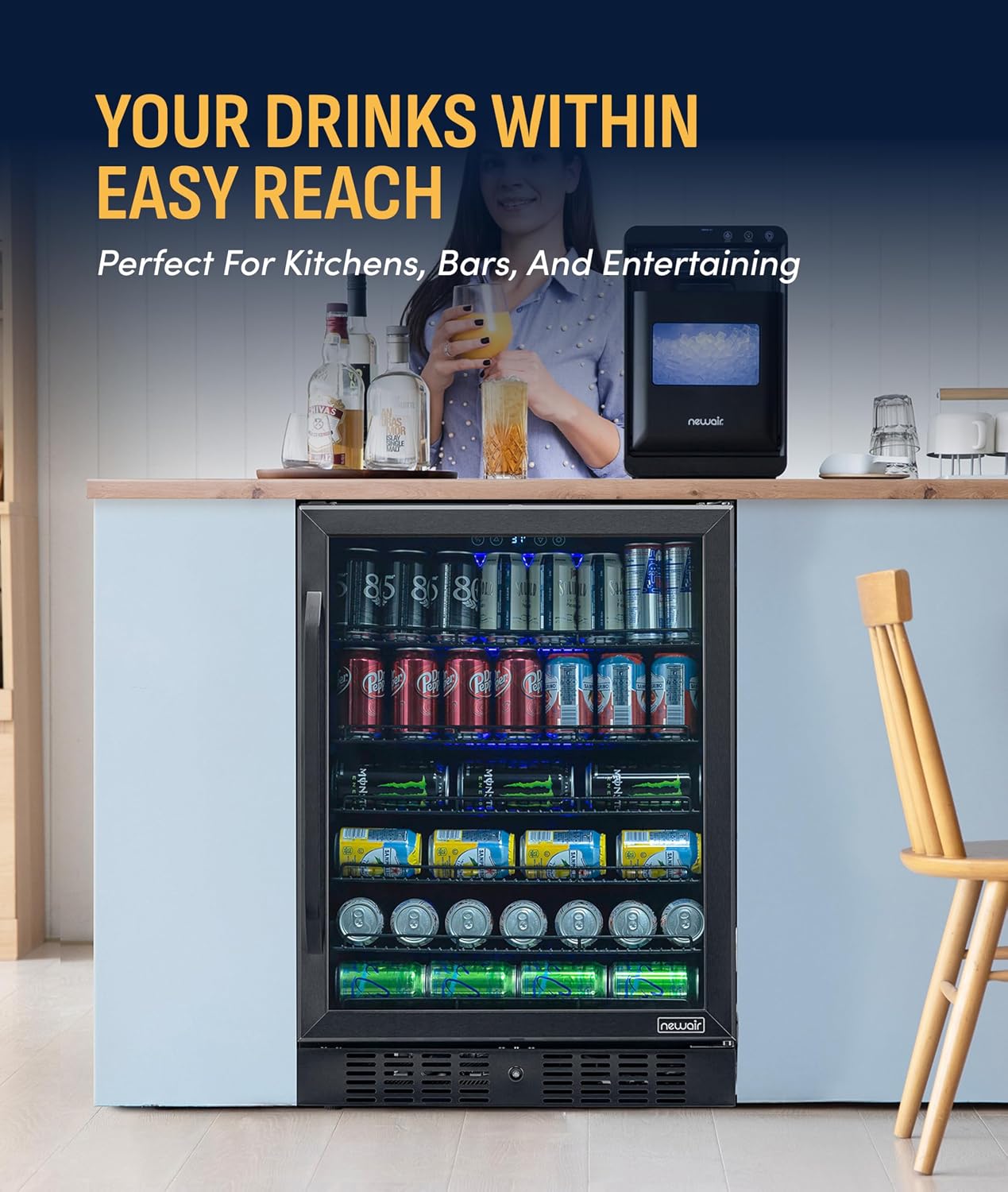 NewAir Beverage Refrigerator with Glass Door | 177 Can Mini Fridge for Bedroom, Dorm, Office, or Gaming Setup | Soda, Beer, and Wine Cooler | Black Stainless Steel