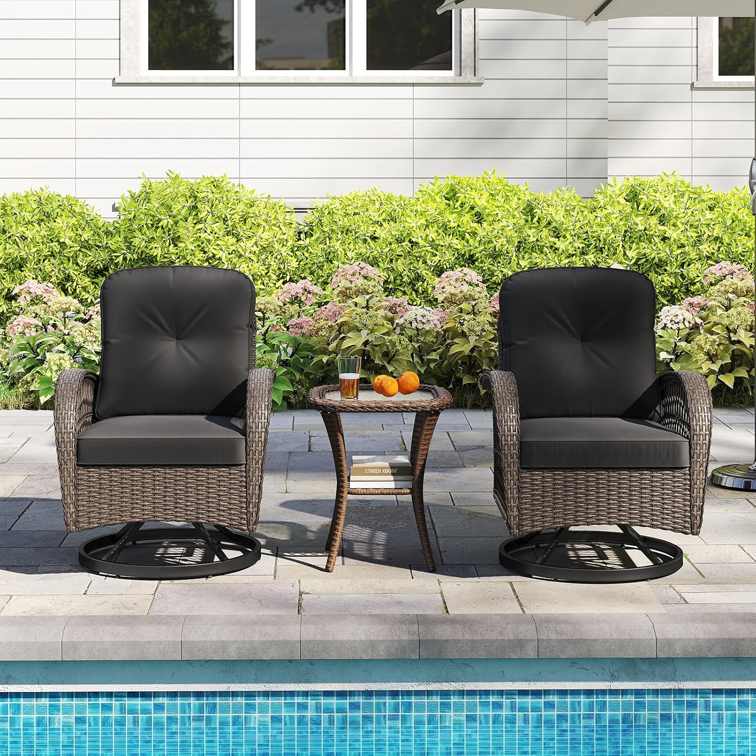 Tangkula 3 Piece Patio Swivel Rocker Set, 2 Outdoor Wicker Rocking Chairs with Tempered Glass Side Table, Outside Gliding Bistro Furniture Set with Thick Cushions for Porch, Yard, Balcony (Black)