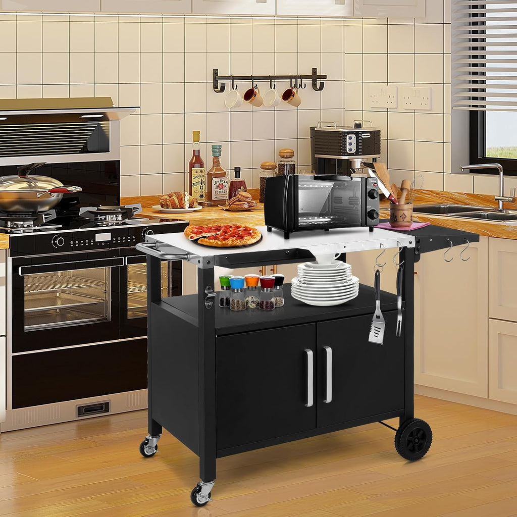 Outvita Outdoor Grill Cart with Storage, Bar Patio Kitchen Island Outdoor Grill Table, BBQ Cart Movable Pizza Oven Table Stand with Wheels, Stainless Steel Top, Side Handle & Storage Cabinet, Foldable