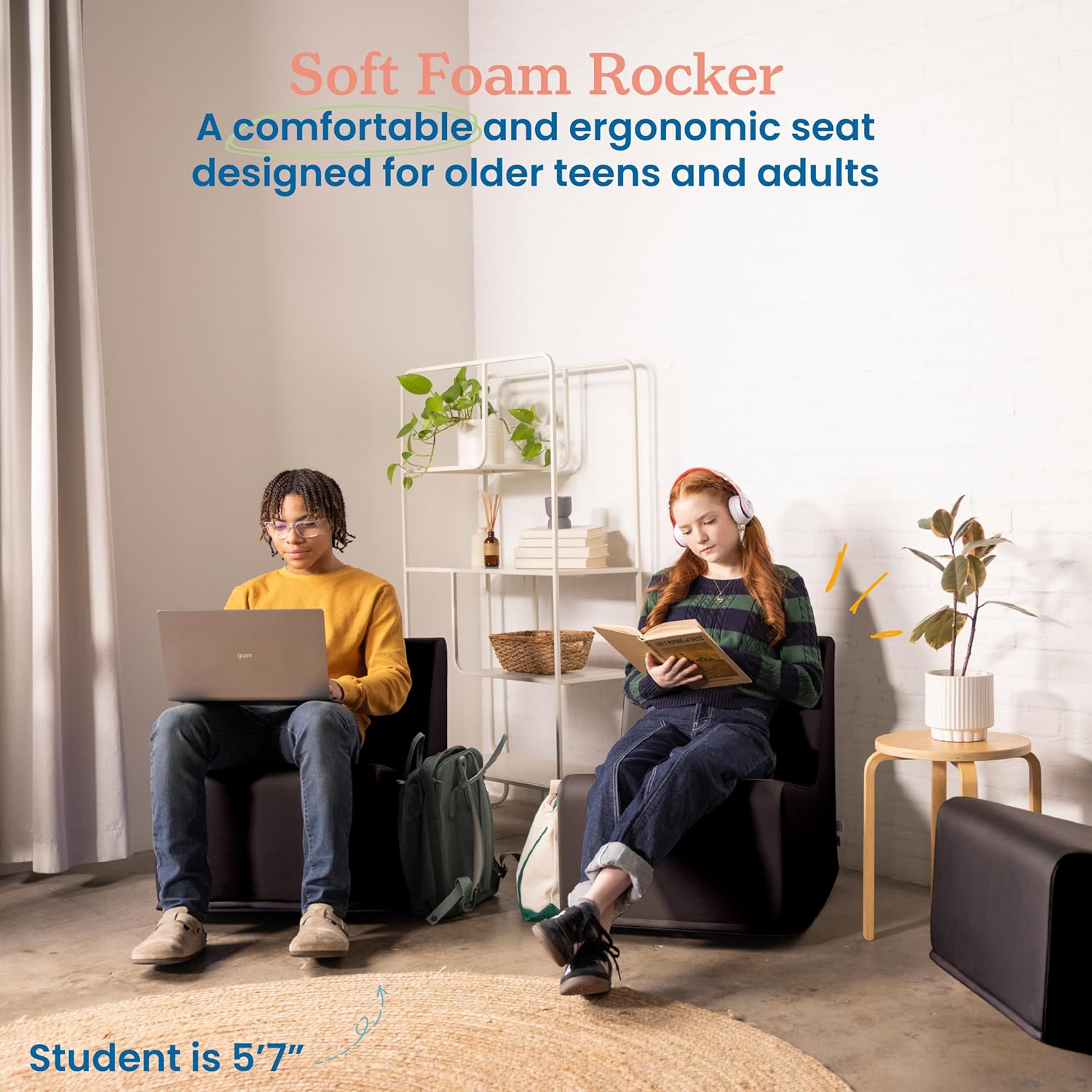 ECR4Kids SoftZone Contoured Rocking Chair, Flexible Seating, Black