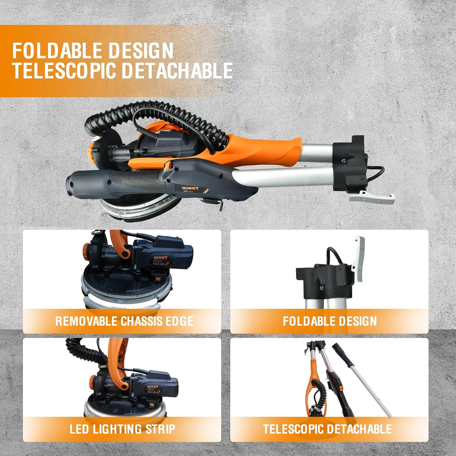 MAXXT Drywall Sander with Vacuum Dust Collection, Popcorn Ceiling Removal Tool, 6 Variable Speed Foldable Telescopic Electric WallSander, 600-1900RPM Power Sander Tool, LED Light, 18Pcs Sanding Discs