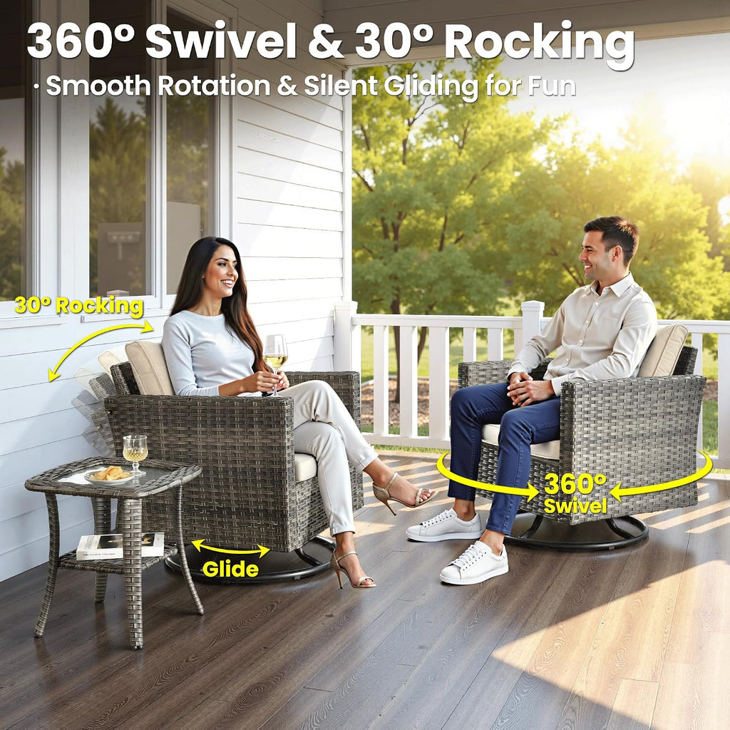ovios 3 Pieces Patio Swivel Chairs with Side Table, Outdoor Wicker Rocking Chairs of 2 with Comfy Cushions, Rattan Glider Rocker Bistro Set for Porch Deck, Beige
