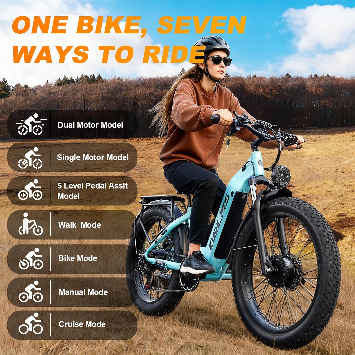 MENORX Dual Motor Electric Bike,26'x4'Fat Tire Electric Bike,Up to 5000W/7000W Peak, 60V/25Ah & 52V/23Ah Lithium Battery,Up to 45/50MPH &105 Miles Range E Bike