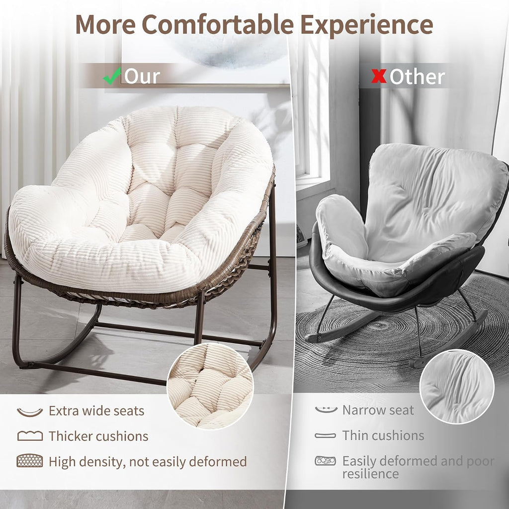 HOMEFUN Outdoor Patio Rocking Chairs, Oversized Papasan Rock Chair Indoor with Striped Velvet Padded Cushion - Rocker Egg Seat for Front Porch, Garden, Patio, Backyard White