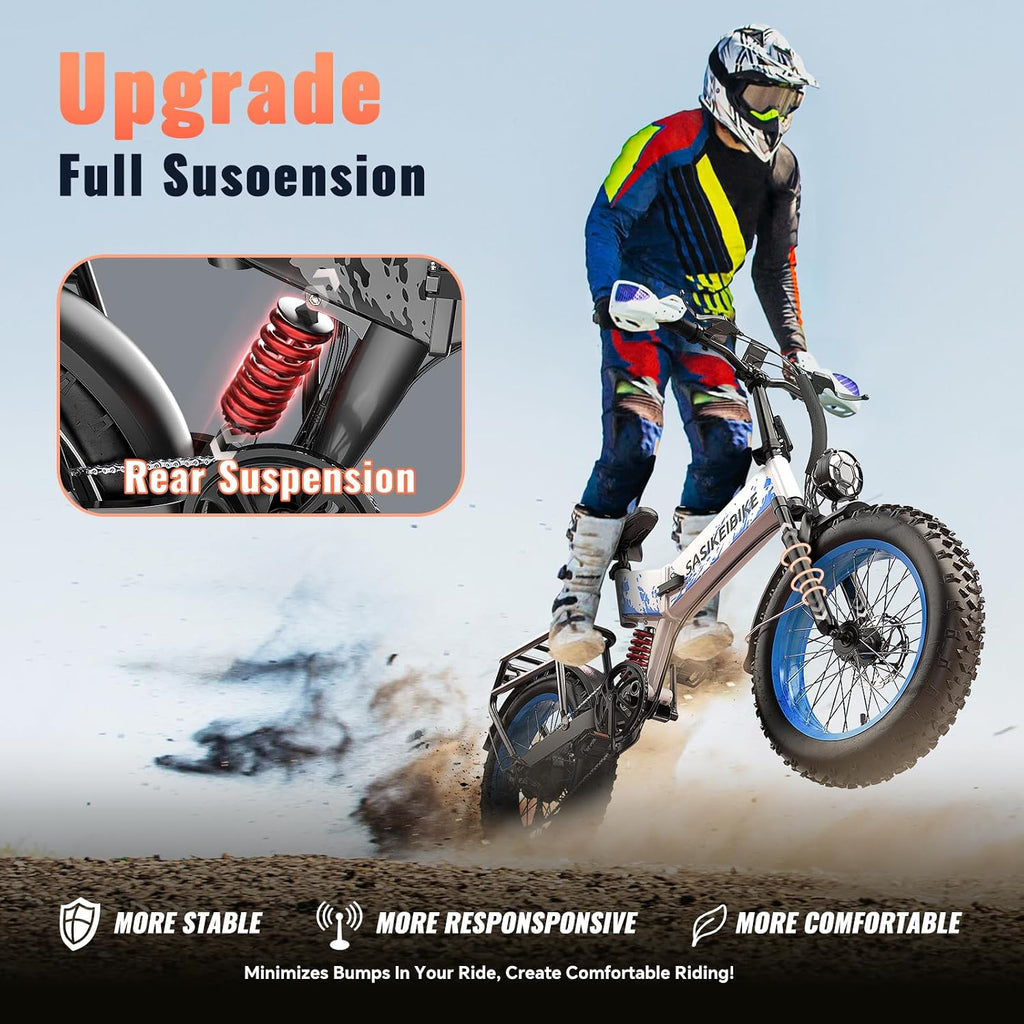 Folding 52V 20Ah Removabke Battery Electric Bike 1500W Peak Motor 20'' Fat Tire Mountain Commuter Ebike Motorcycle Range 70 Miles UL Certified Adult Electric Dirt Bike with 7-Speed