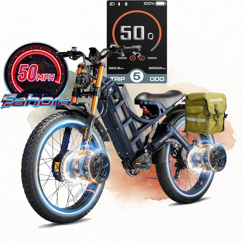 eAhora 2026 Romeo Pro 3 50MPH Electric Bike for Adults 5600W Dual Motor E Bike 60V/80Ah 250 Miles Long Range Electric Bicycle,26 * 4.0 Fat Tire Full Suspension Electric Mountain Bike Delivery Commute