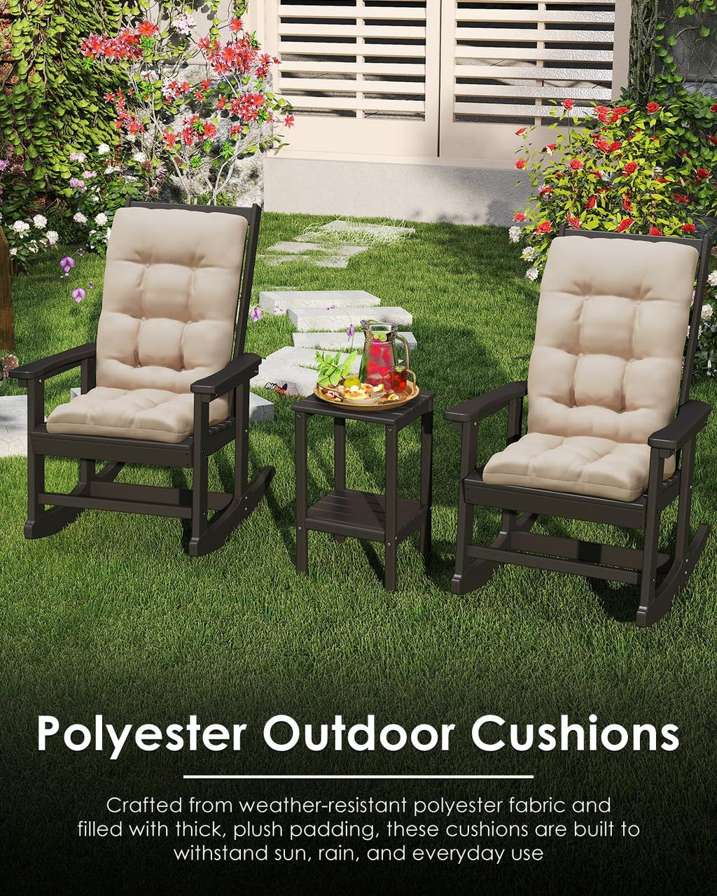 GREENVINES Rocking Chair Cushions Set of 4 | Polyester | Waterproof | Outdoor High Back Rocker Chairs Cushion | Seat with Ties | Non-Slip | Thickened Pad for Patio | 46.5' x 18.5' x 4.3' | Beige
