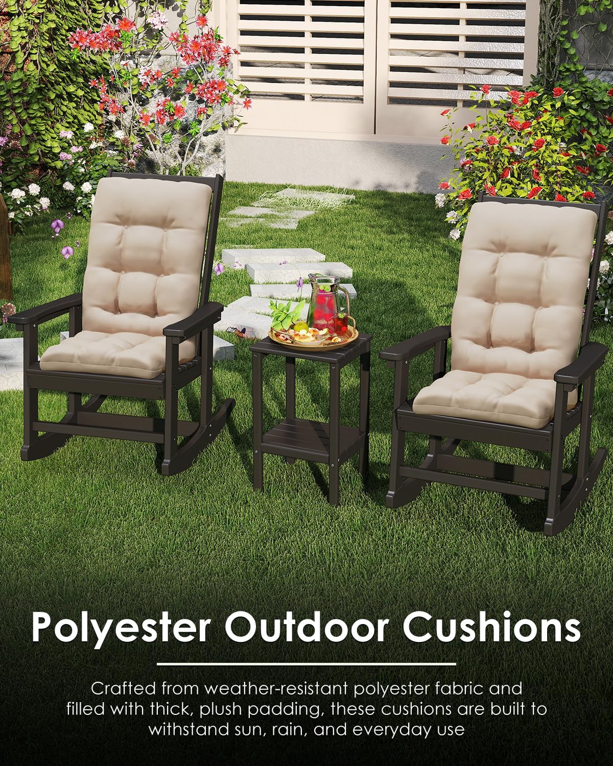 GREENVINES Rocking Chair Cushions Set of 4 | Polyester | Waterproof | Outdoor High Back Rocker Chairs Cushion | Seat with Ties | Non-Slip | Thickened Pad for Patio | 46.5' x 18.5' x 4.3' | Beige