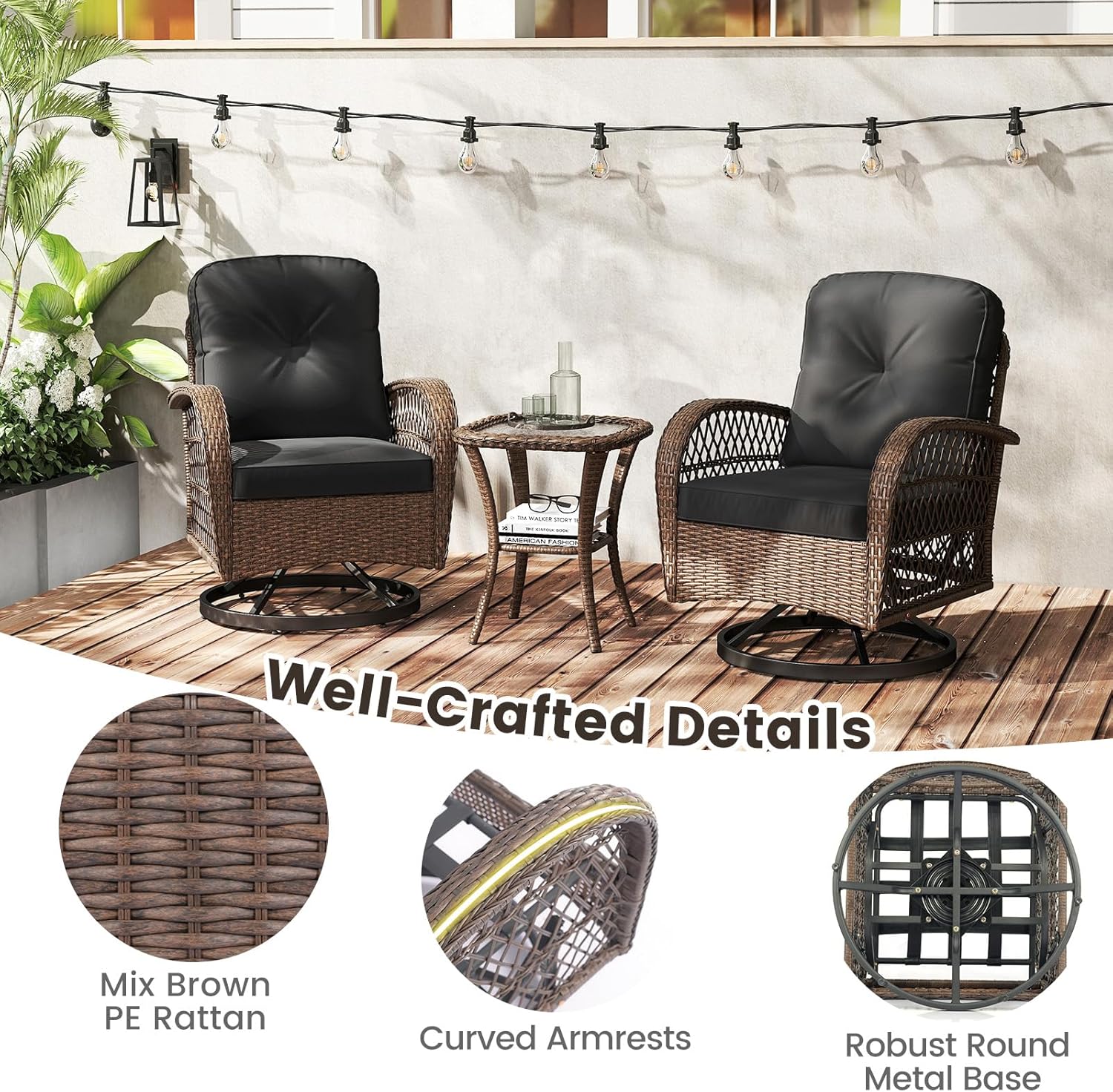 Tangkula 3 Piece Patio Swivel Rocker Set, 2 Outdoor Wicker Rocking Chairs with Tempered Glass Side Table, Outside Gliding Bistro Furniture Set with Thick Cushions for Porch, Yard, Balcony (Black)