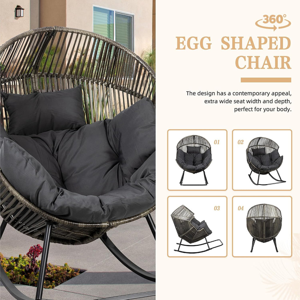 Vongrasig Wicker Egg Chair PE Rattan Rocking Chair with Cushion, Oversized Patio Lounge Rocker Chair for Outdoor, Indoor, Balcony, Backyard, Garden, Black/Rattan