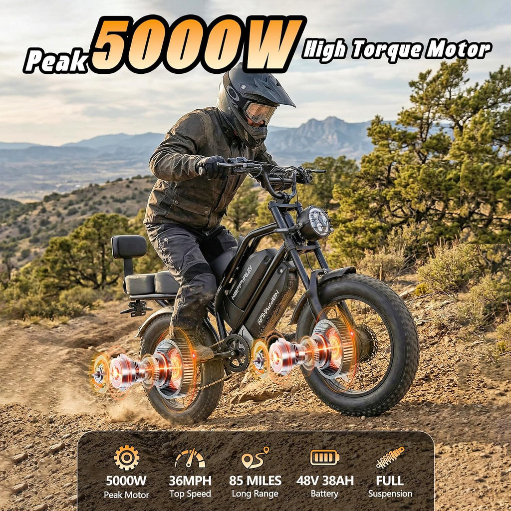 HAPPYRUN G70 Pro Dual Motor Electric Bike for Adults 5000 Peak Motor Removable Dual Battery All-Terrain 20' Fat Tire Ebike 36MPH 85+ Miles 38Ah Battery Hydraulic Disc Brake