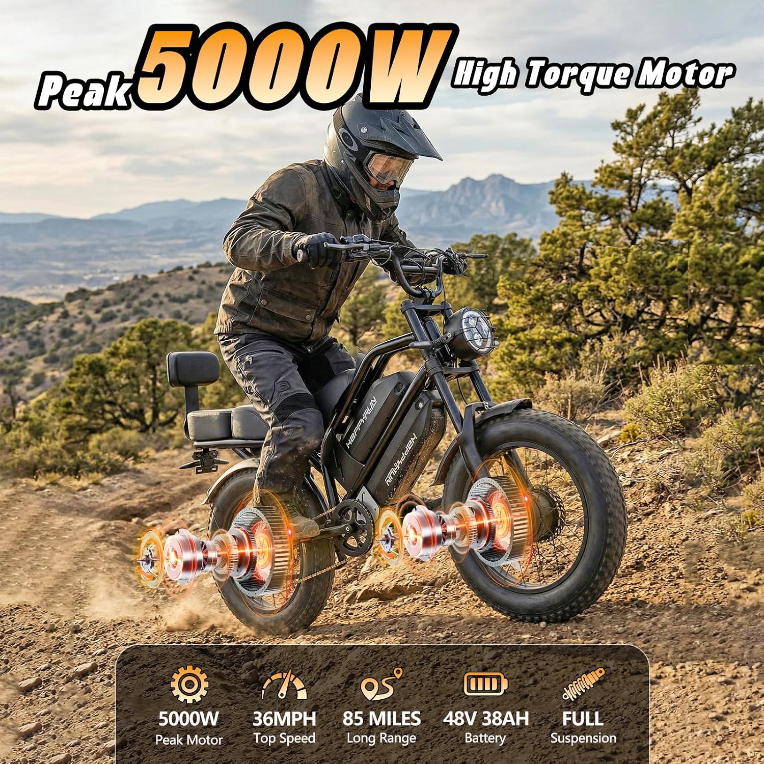 HAPPYRUN G70 Pro Dual Motor Electric Bike for Adults 5000 Peak Motor Removable Dual Battery All-Terrain 20' Fat Tire Ebike 36MPH 85+ Miles 38Ah Battery Hydraulic Disc Brake
