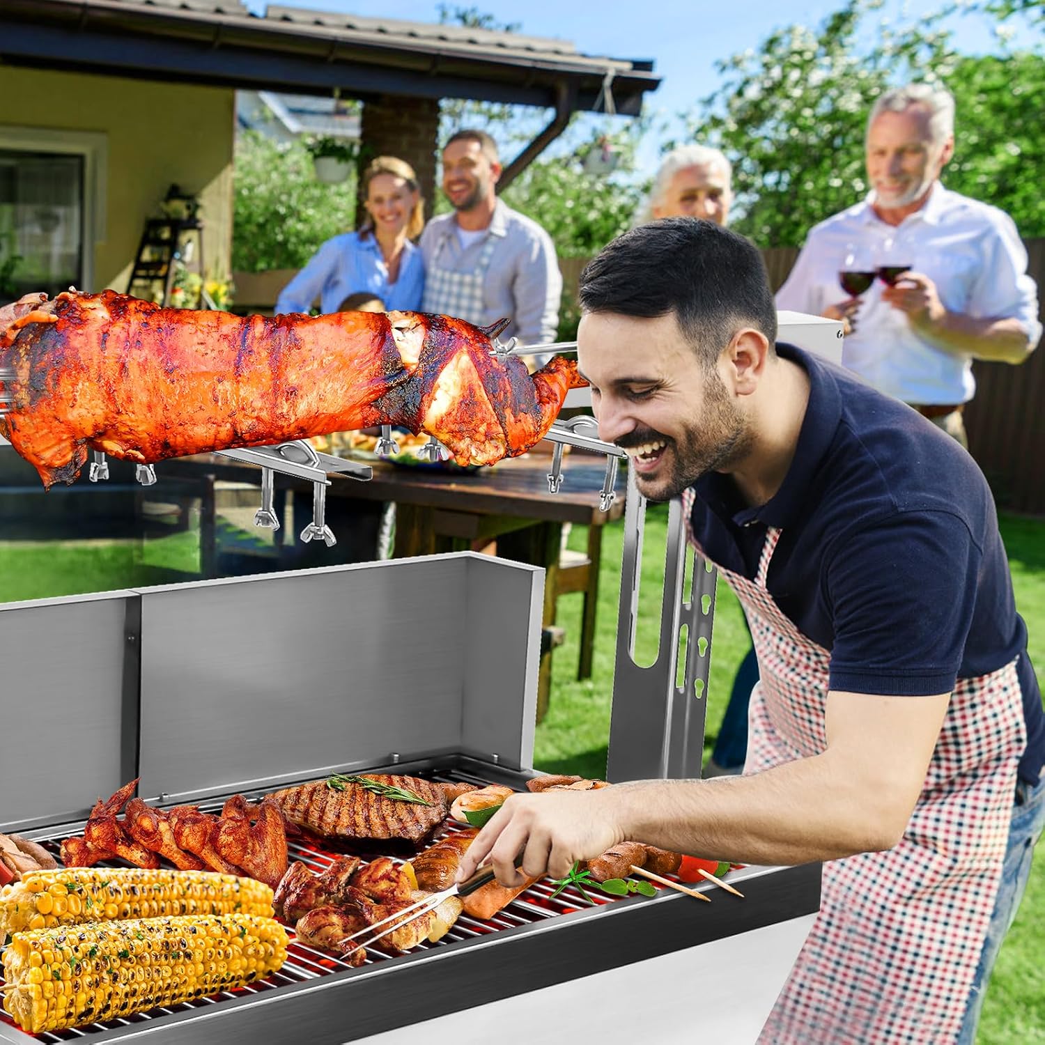bbq rotisserie grill roaster charcoal roast machine 66lbs charcoal bearing lamb spit roaster hog roasting machine for outdoor picnic camping height-adjustable,with baffle