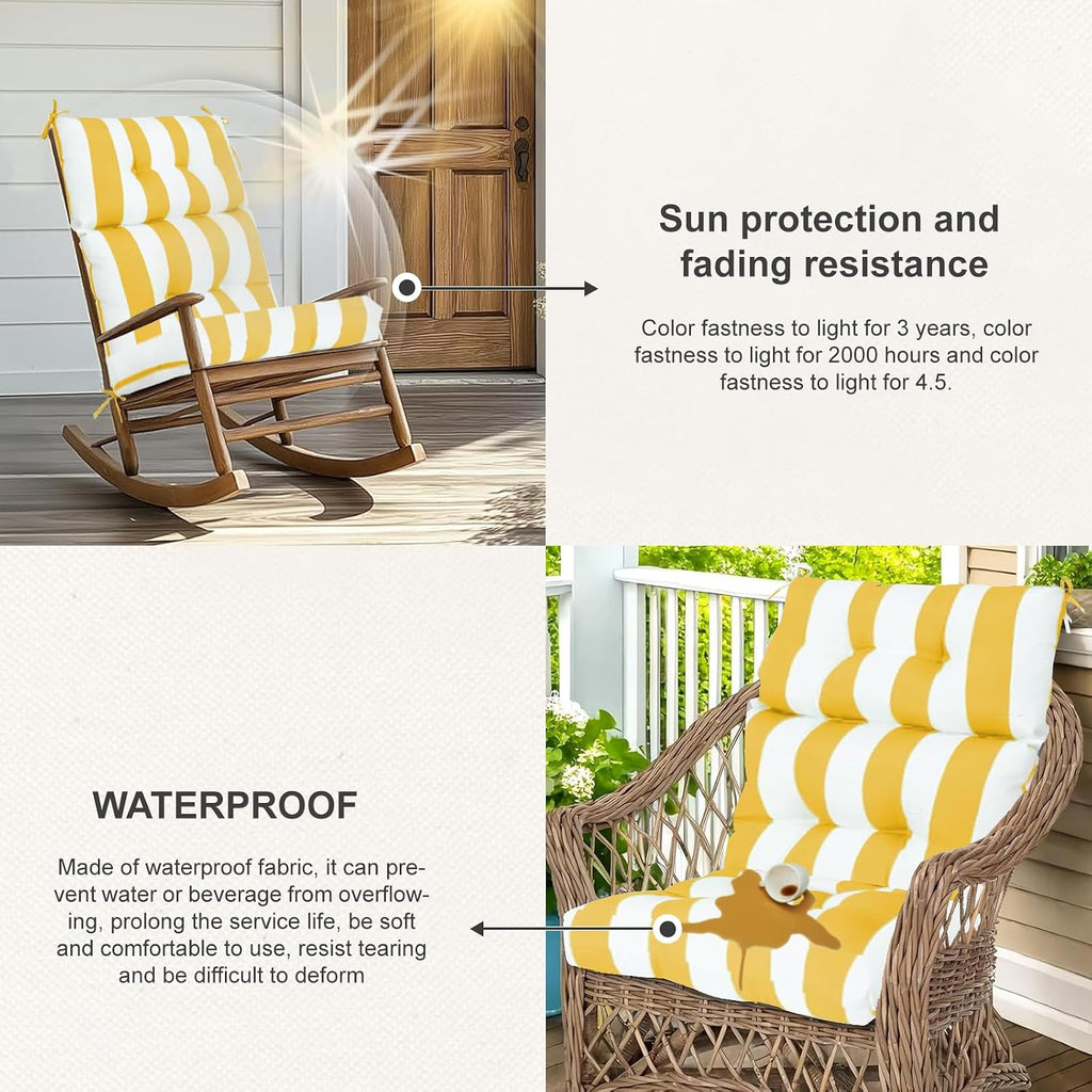 Outdoor High Back Chair Cushions 2-Pack, 44'x22'x 4' Fade-Resistant Waterproof Tufted Pads with Ties for Patio Rocking & Adirondack Chairs (Yellow White)
