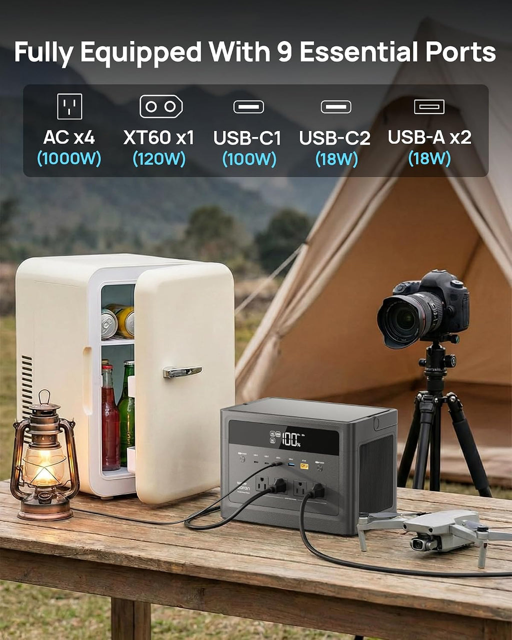 2026 Portable Power Station 1000W (Surge 2000W), 576Wh LiFePO4 Battery Solar Generator, Power Bank 110V Pure Sine Wave AC Outlet with PD 100W USB-C Fast Charging for Home Use, Hurricane Emergency, RVs