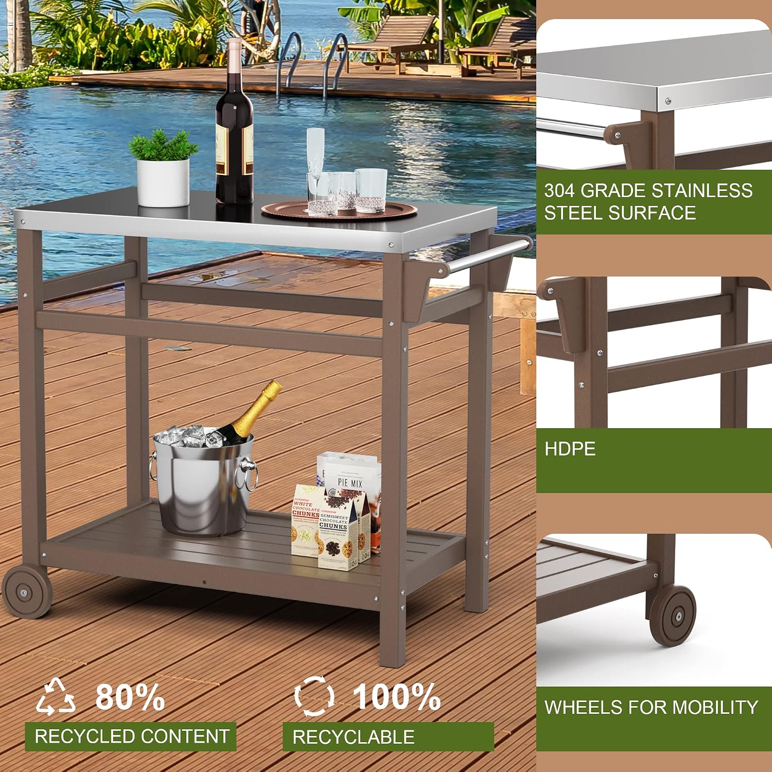 TORVA Outdoor Prep Grill Carts, 303 Stainless Steel Tabletop with High Load Capacity Portable BBQ Table, HDPE Durable Frame 2-Tier Storage Cart, Brown